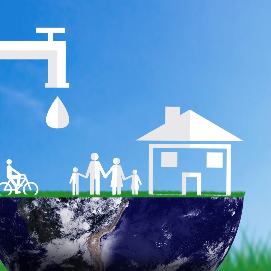 drawing of a water faucet over house with 4 family members