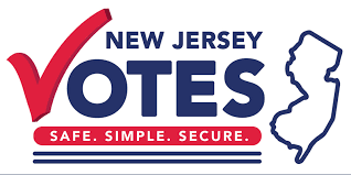 NJ votes election logo with an outline of the state, a checkmark, and safe, simple and secure