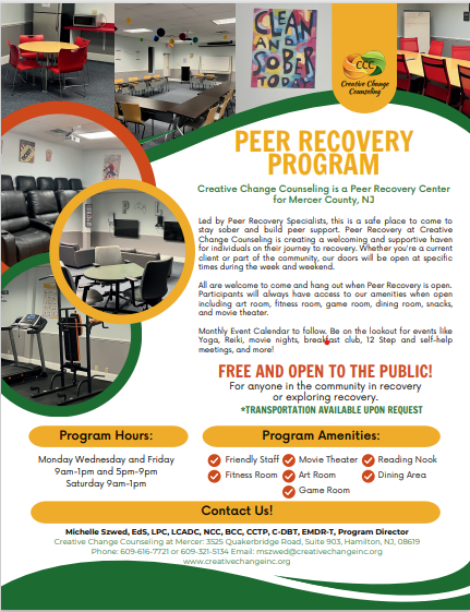 Free peer recovery program in Hamilton, NJ including amenities like movie theater and fitness room.
