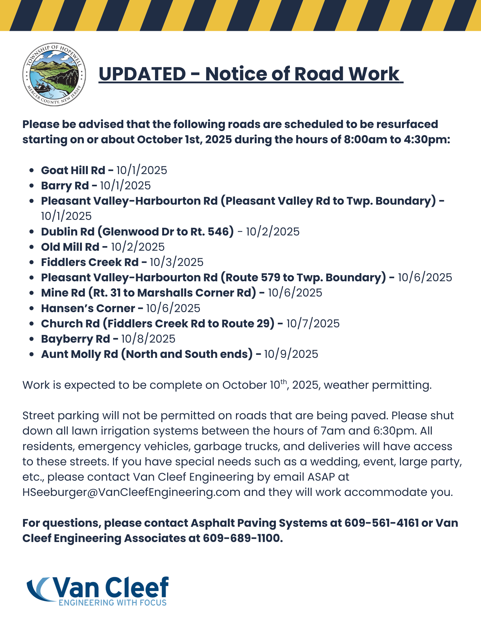 UPDATED - Road Work Van Cleef 9262025 through 1082025