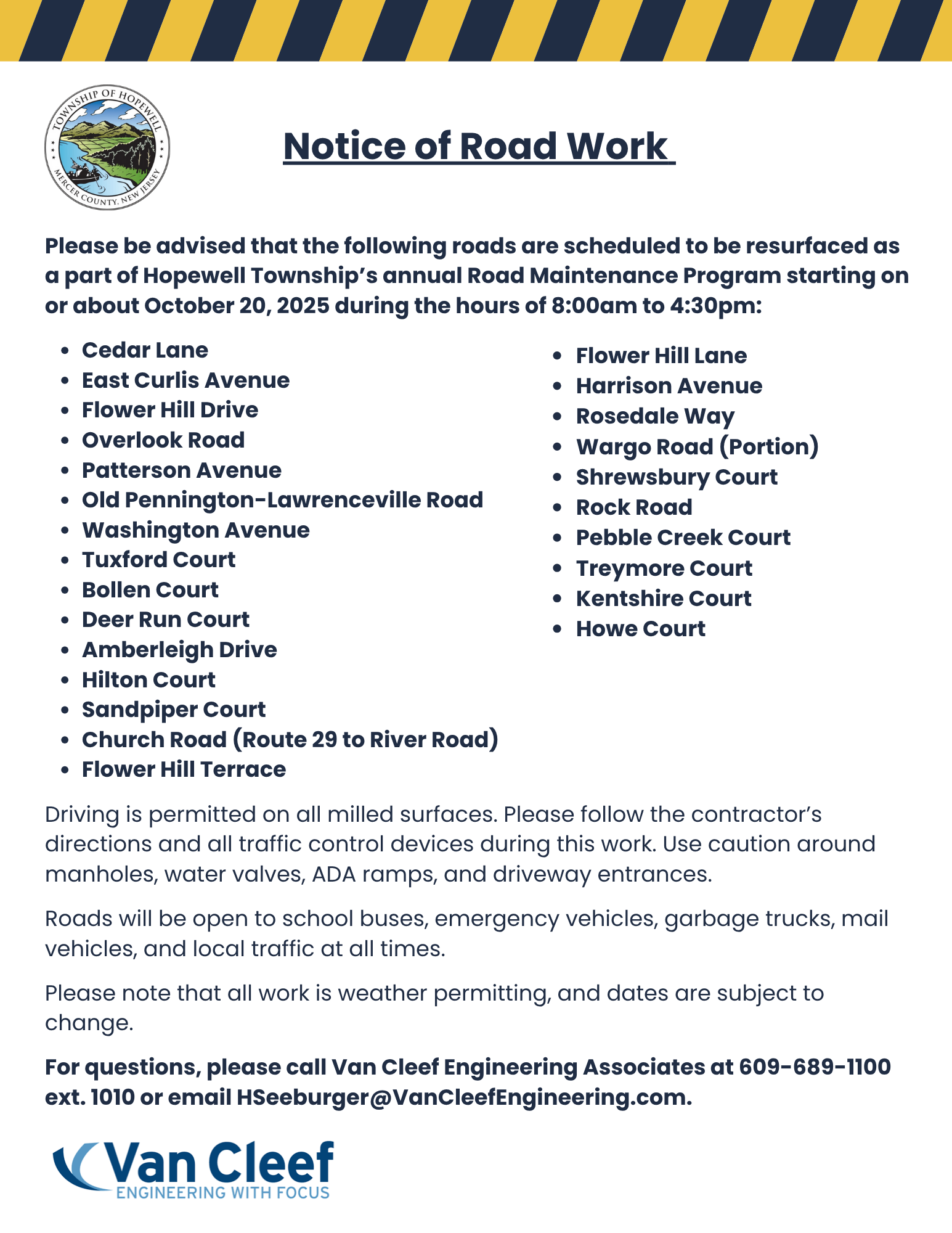 Notice of Road Work Starting Oct. 20, 2025