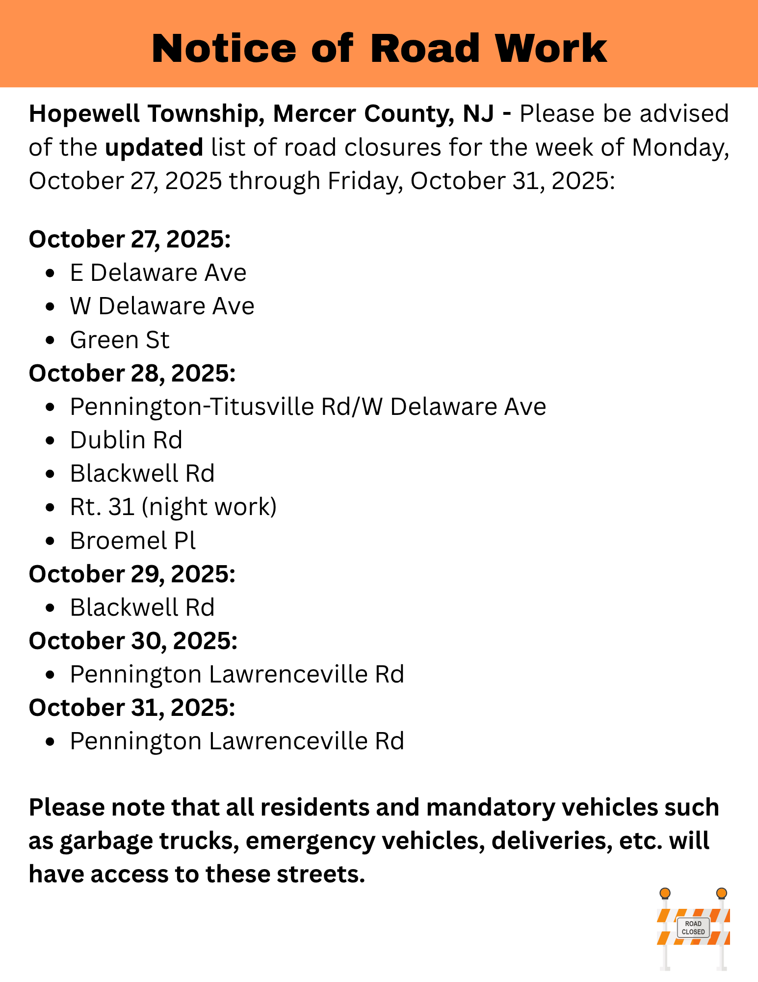 Road Work Week of 10-27-2025 through 10-31-2025