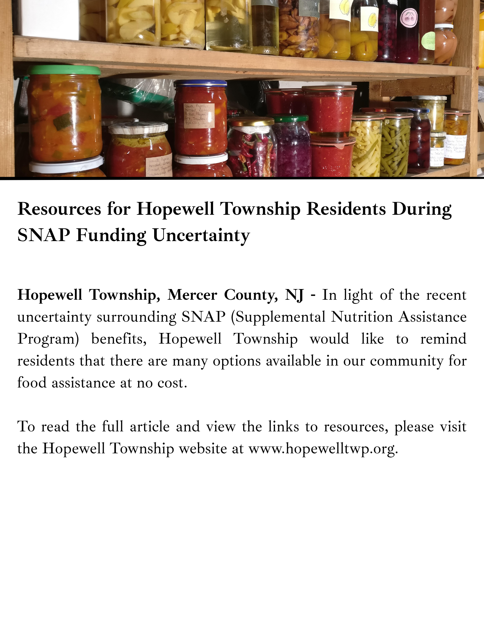 Hopewell Township Encourages Residents to Utilize and Support the Mobile Food Pantry Amid SNAP Benef