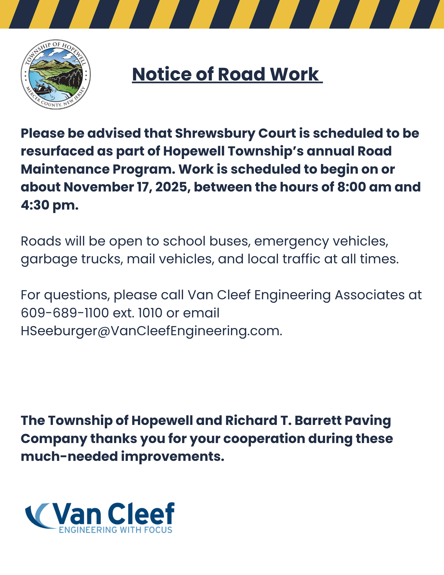 Notice of Road Work - Shrewsbury Court