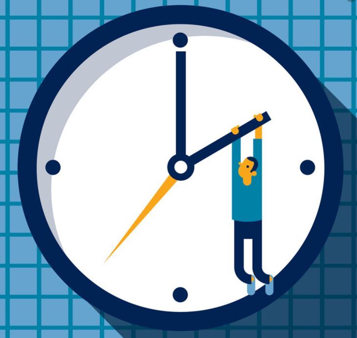 daylight savings time clock with a man hanging from the clock hands dragging the time forward