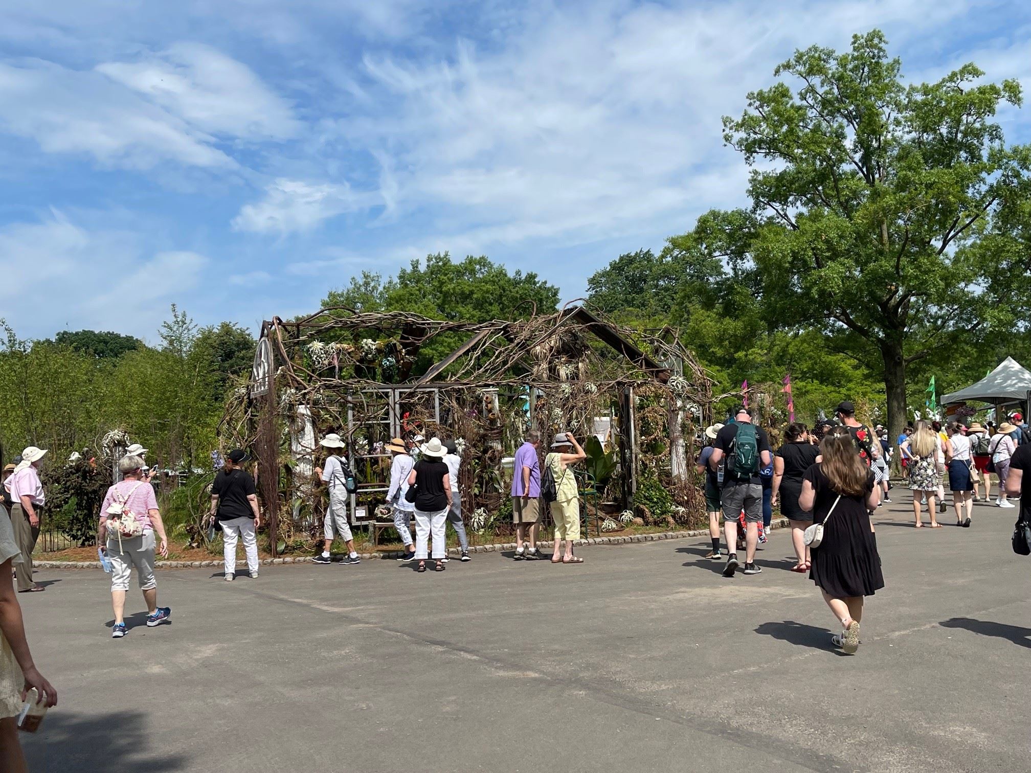crowd in front of building made of branches
