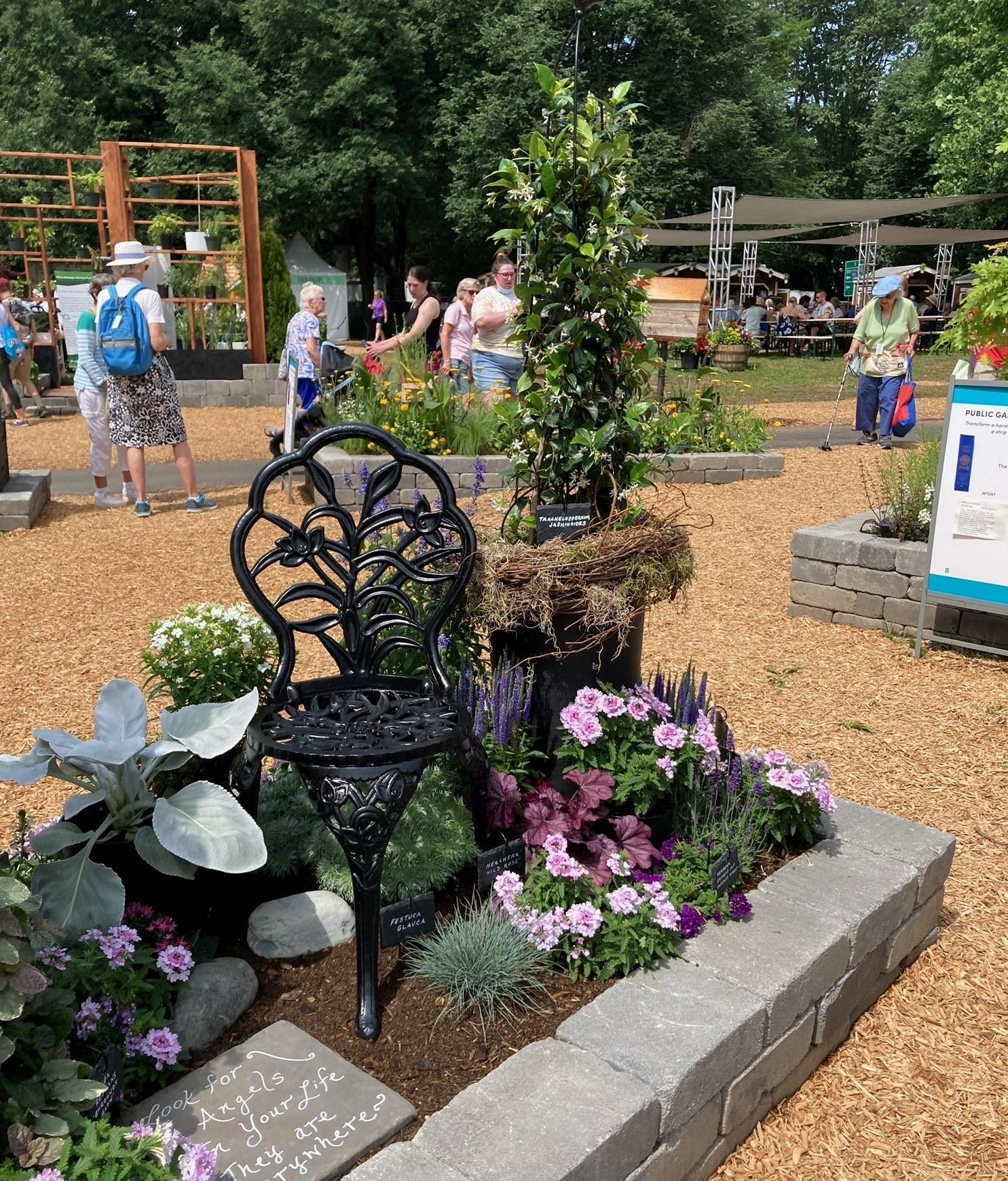 wrought iron chair in the middle of purple flowers