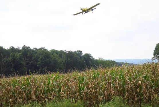 crop seeding plane flying over a field