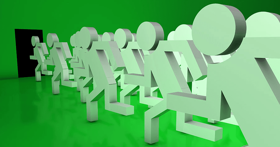 prepare for evacuation. a picture of faceless cartoon people rushing for the door.