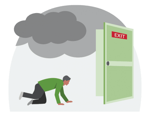 cartoon of man crawling under smoke to an exit door