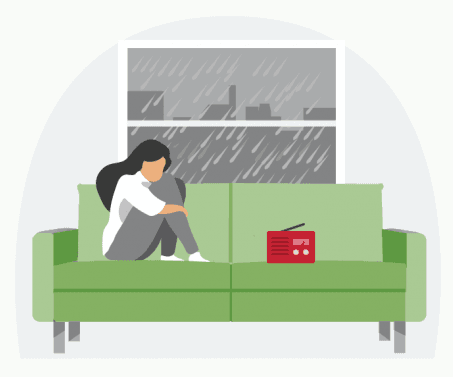 cartoon of a woman curled up on a couch with a radio. Heavy rain in the window.