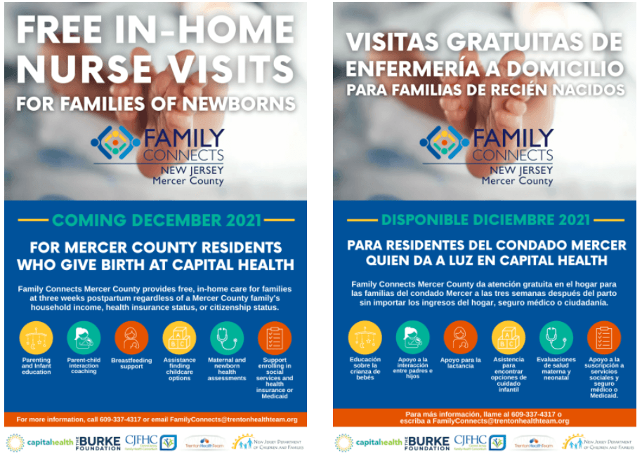 Family connects flyer for free in-home nurse visits for families of newborns.