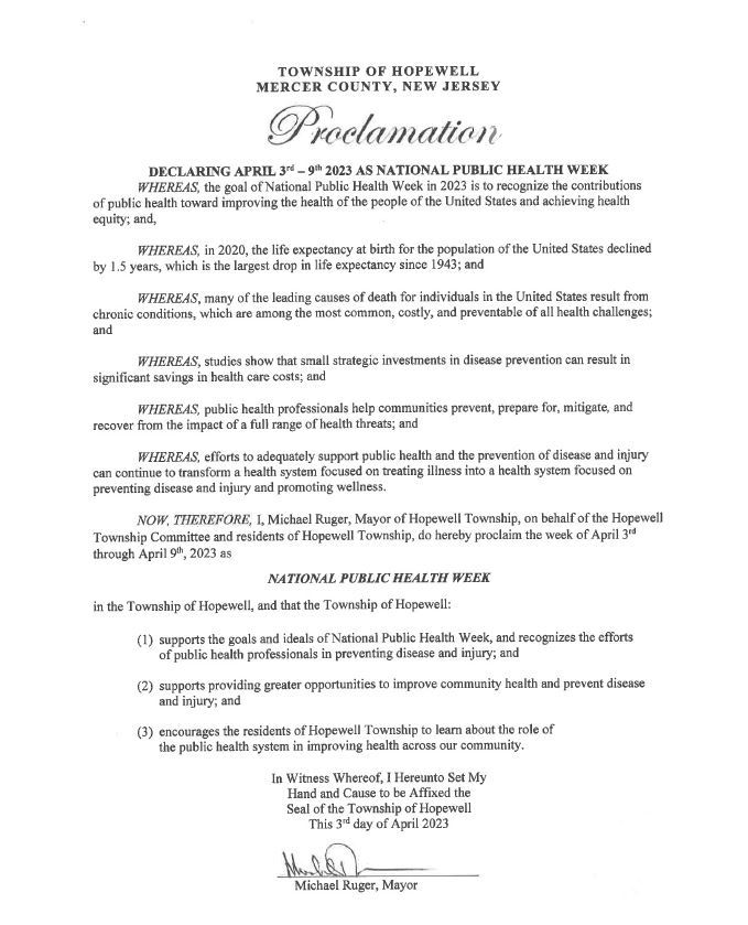 National Public Health Week Proclamation signed by mayor Ruger