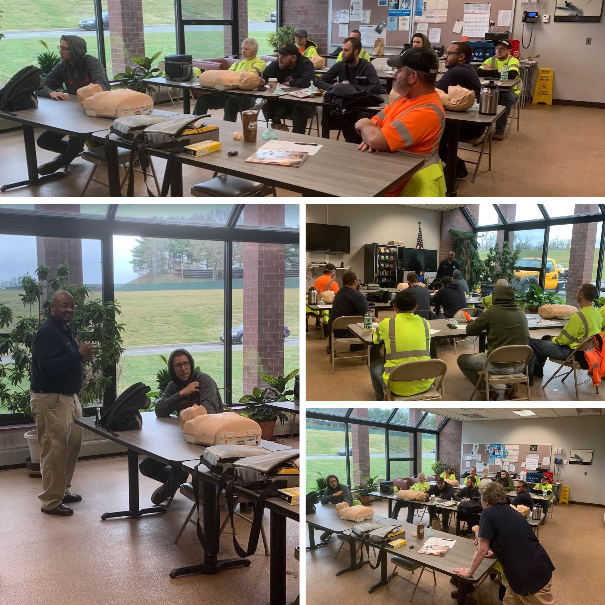 members of the public works team receive cpr and emergency training in the common room