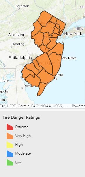 Map of NJ showing the entire state is at very high risk for fire danger