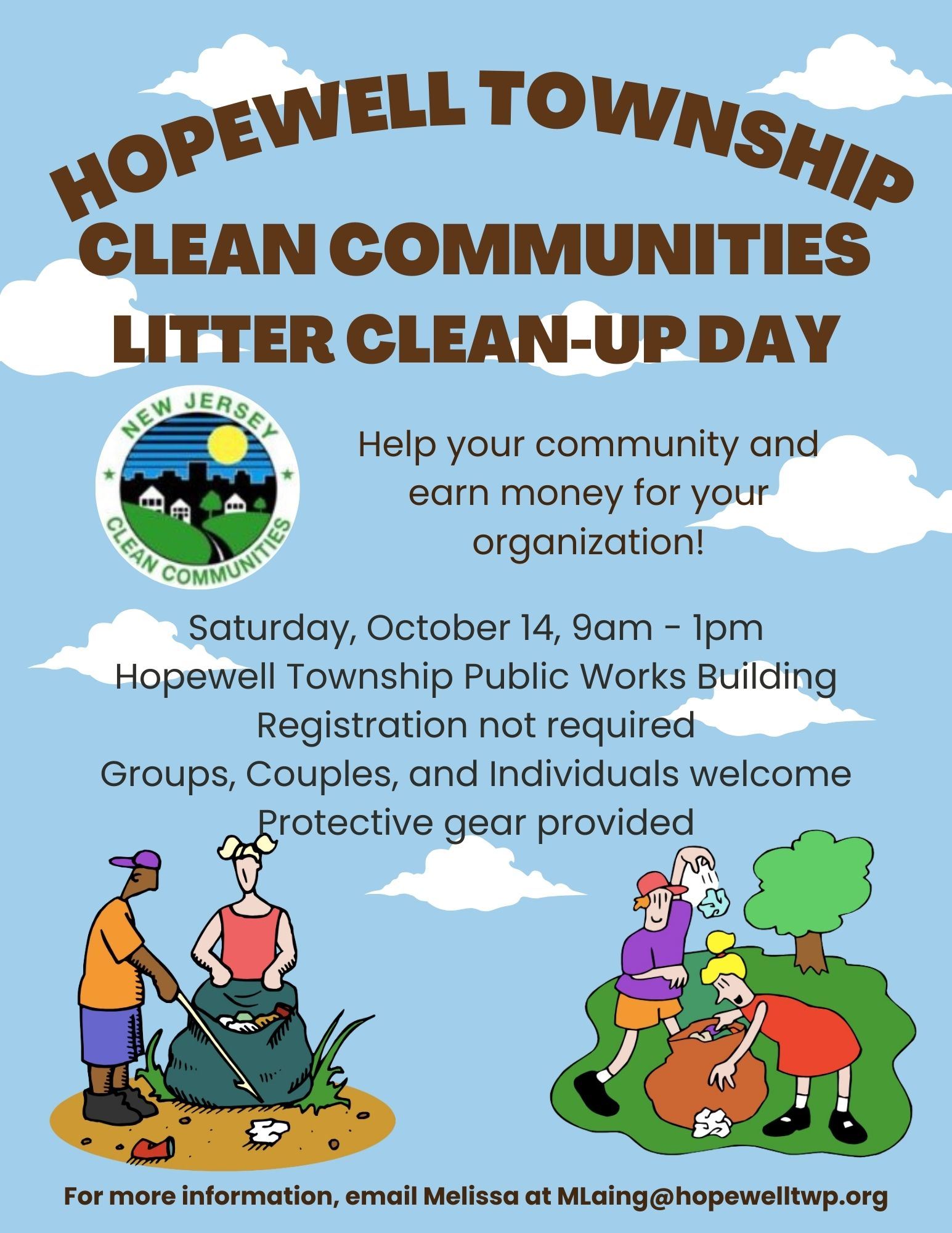 clean communities is on Oct 14 at 9 am. Earn money for your organization and clean up the town