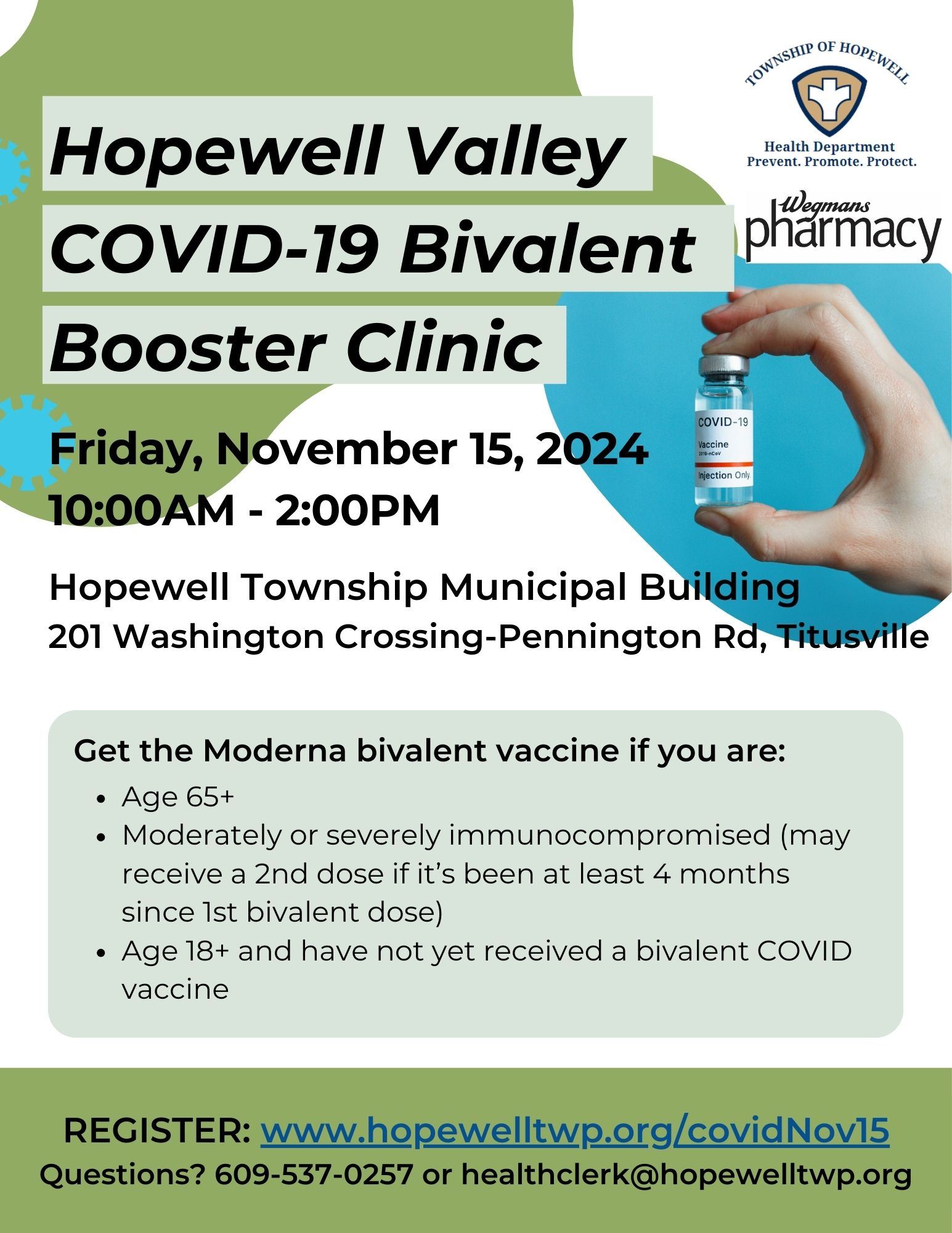 Nov 15 10am to 2pm COVID-19 Booster Clinic at the township building