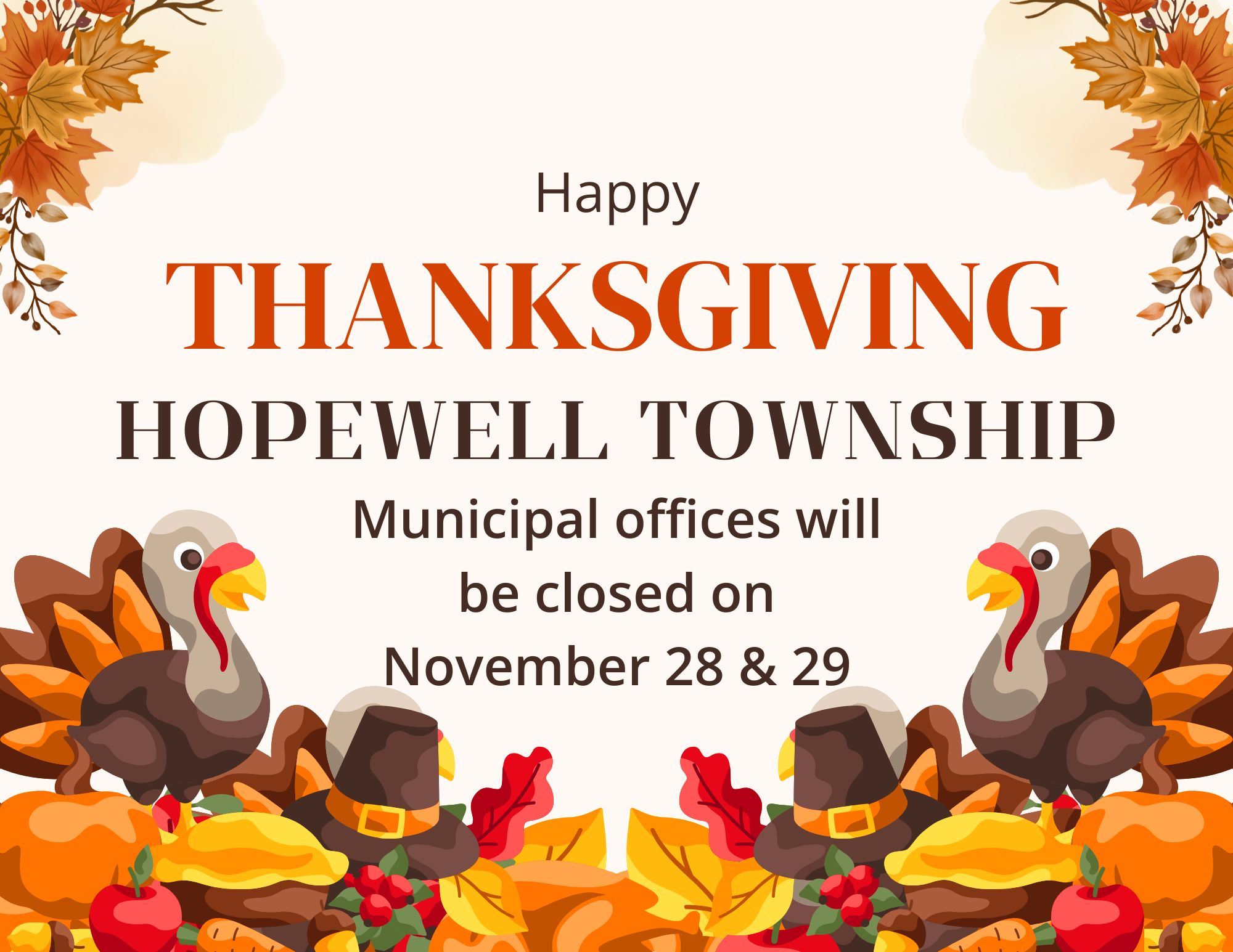 Offices Closed for Thanksgiving on November 28 and 29, with turkeys and cornucopias