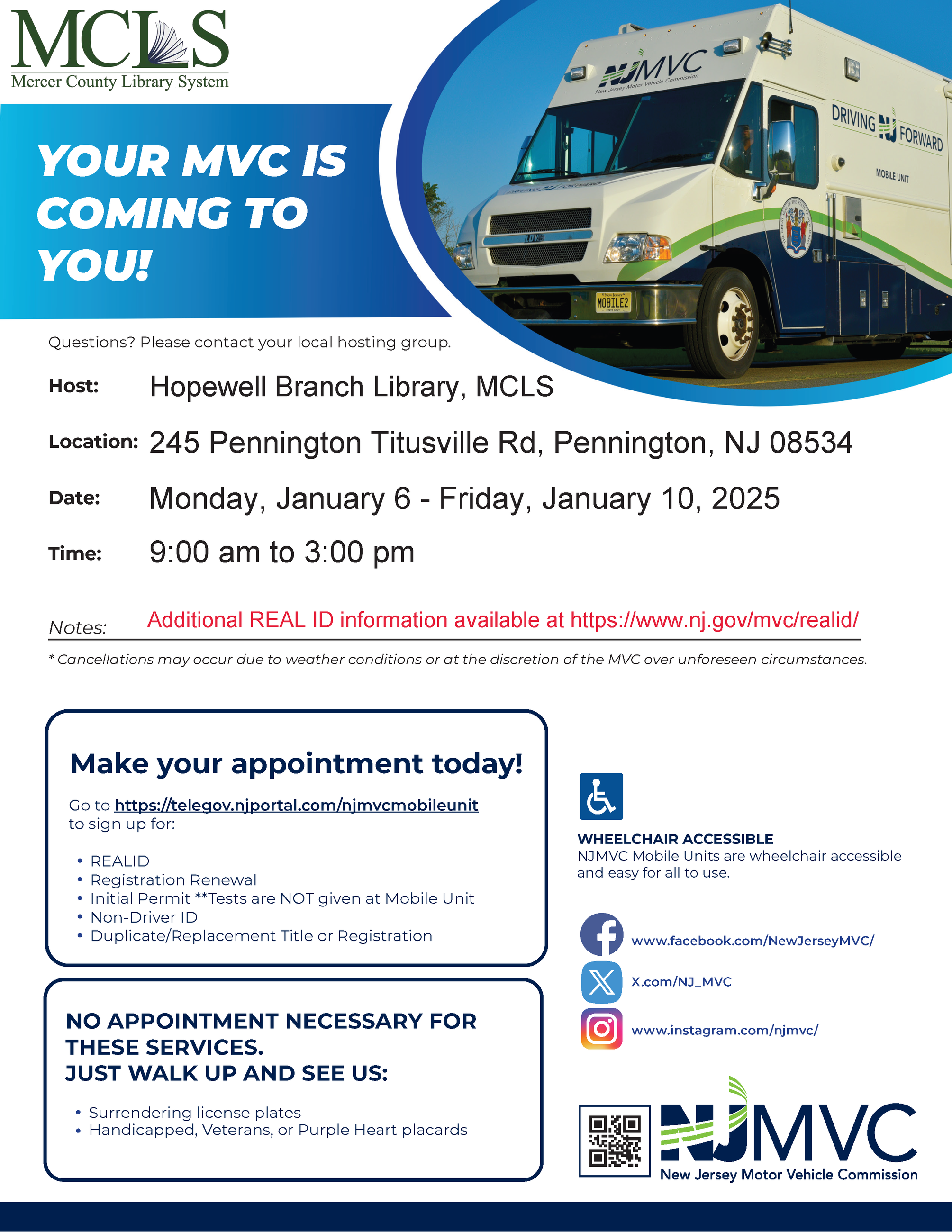 NJ MVC at the hopewell branch of the MCL January 6-10