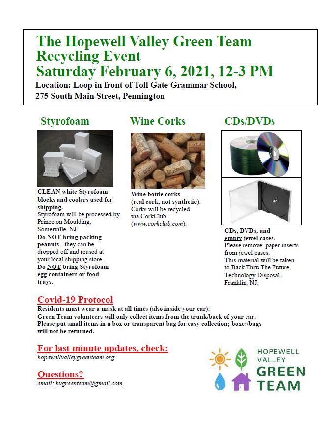 Hopewell Valley Green Team recycling event on Feb 6, 12-3, at Toll Gate Grammar School.