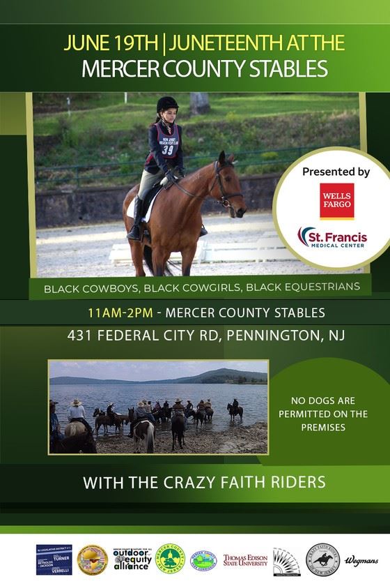 Girl riding a horse in water and a group of cowboys riding horses in water