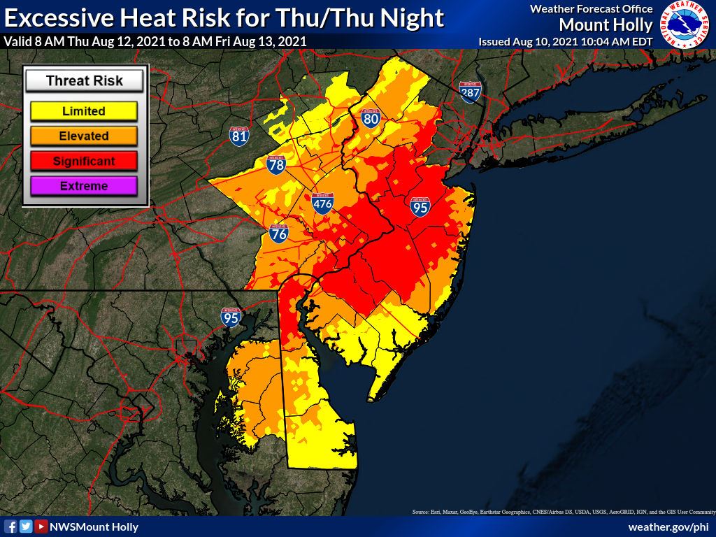Map of NJ in red, indicating extreme heat on Wednesday and Thursday