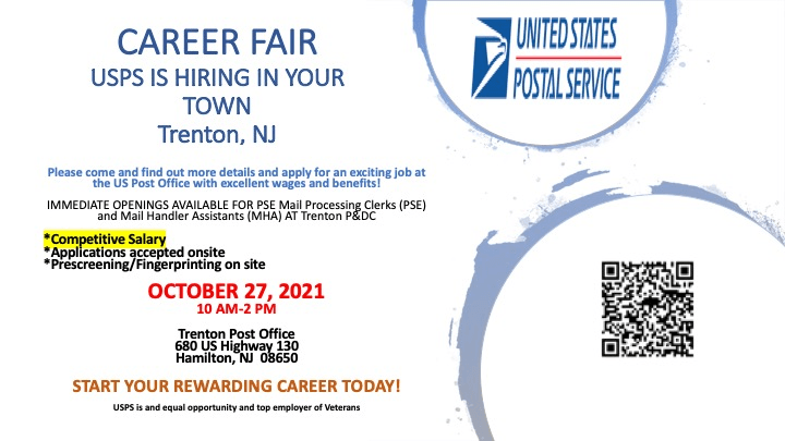 usps job fair on Oct 27 from 10am to 2pm at the Trenton Post office