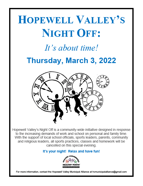 Hopewell Valley Night Off is March 3. Shadow image of 2 parents and a child in front of clocks