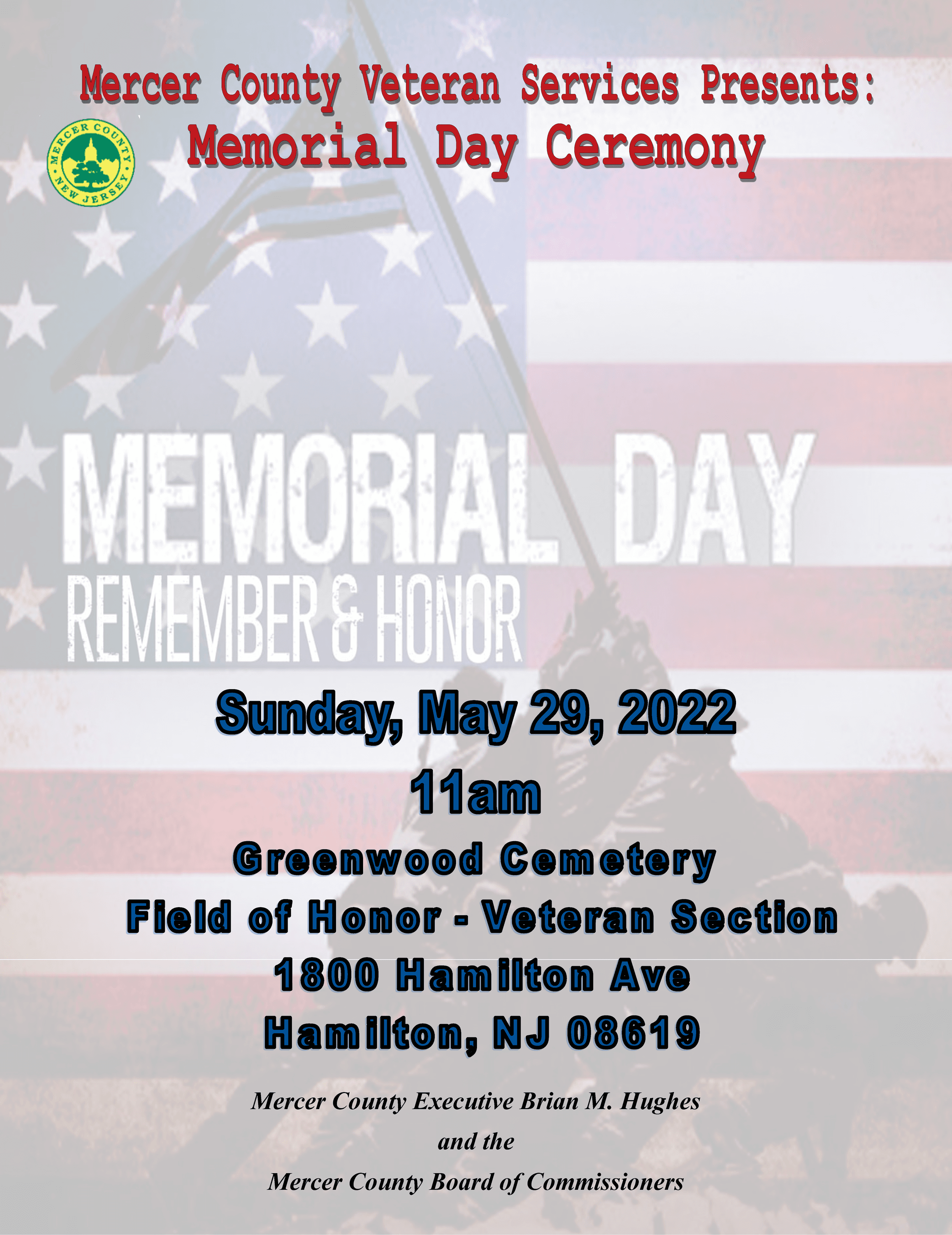 County Veterans Memorial Day Ceremony on Sunday May 29 at 11am. flag and county images