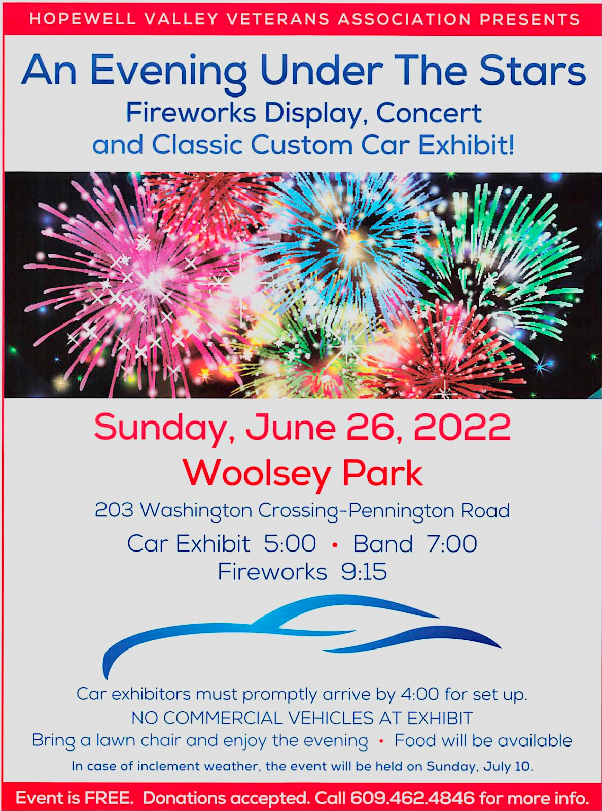 Hopewell Valley Veterans Association Fireworks, Car show, and Concert on June 26 at 5pm at Woolsey