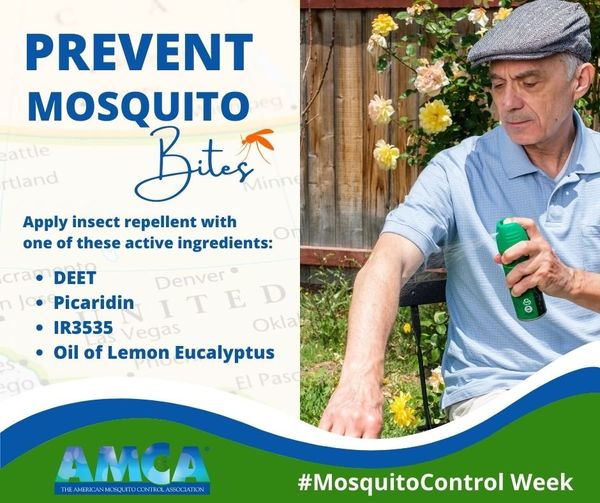 prevent mosquito bites, list of repellents,  image of older man spraying repellent on his arms. 