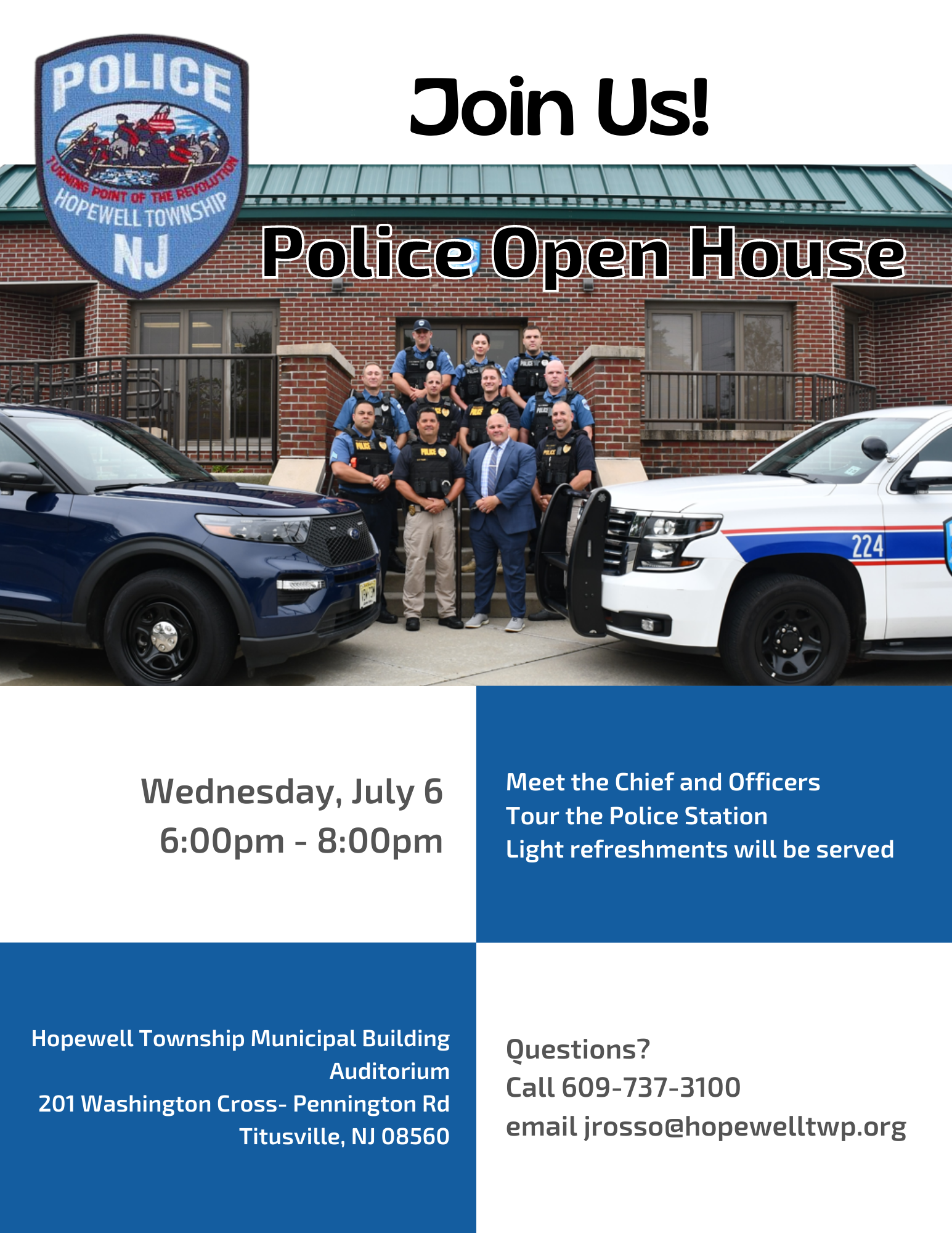 Police Department members standing in front of the station with vehicles. Text says Join Us 