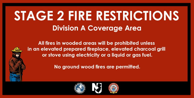stage 2 fire restrictions- all fires in wooded areas are prohibited unless elevated