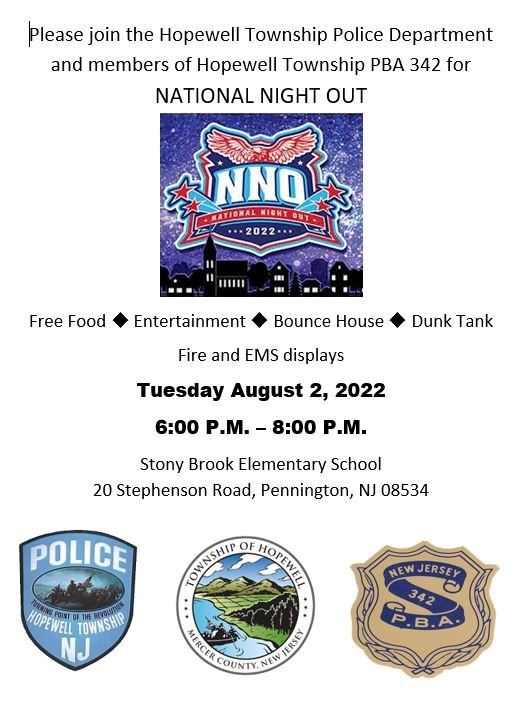 National Night Out advertising flyer. Tuesday August 2, from 6 to 8 pm at Stoney Brook Elementary 